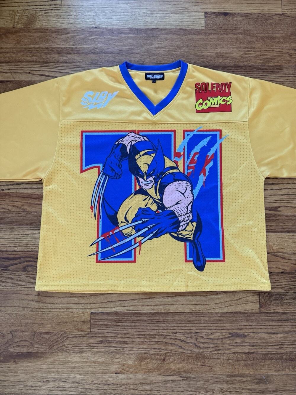 Soleboy Mens Wolverine X-Men Graphic Hockey Jersey Yellow Blue Size L Marvel